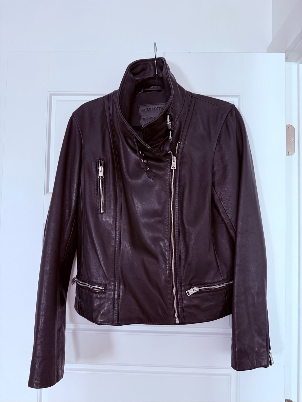 All Saints Black Leather Asymmetric Zip Jacket